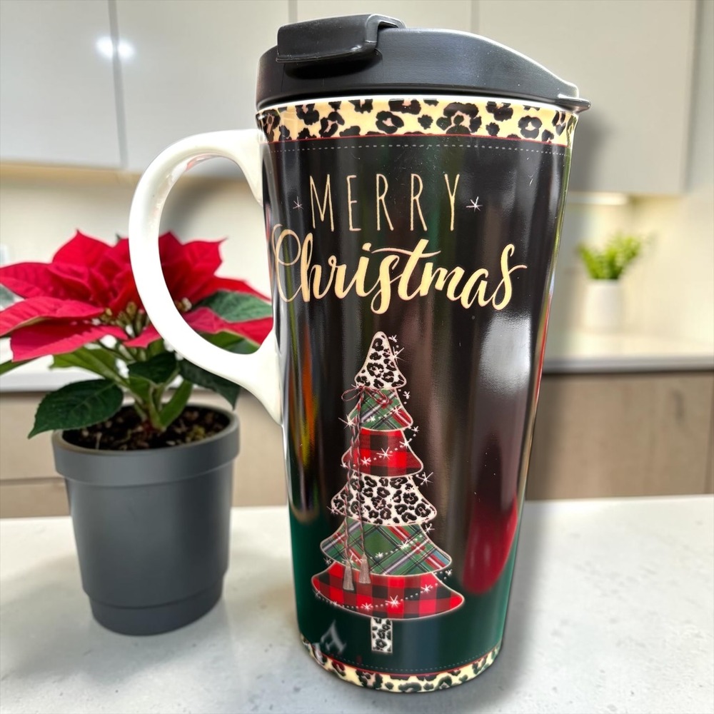 Evergreen Merry Christmas Ceramic Travel Mug Leopard Print Plaid Tree 17 oz
